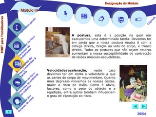 Designação do Módulo

SHST para Trabalhadores

Módulo III


1

–

s
ito
e
nc
co

is
ra
ge

o
sc

ri
e
d
es o
or
ct s a r
Fa te o
– ren had
2 e al
in ab
tr
de à
s te s
re n
to r e
c e
fa in
– o
3 sc f a
co e
ri re
a
is ent
r i
t
de mb
es a
or ao
ct s
Fa nte lho
a
–
4 ere rab
in e t
d
s
do co
le is
ro e r
t
on s d
C re
–
5 cto
fa













A postura, esta é a posição na qual nós
executamos uma determinada tarefa. Devemos ter
em conta que a nossa postura neutra é com a
cabeça direita, braços ao lado do corpo, e tronco
direito. Todas as posturas que não sejam neutras
aumentam a nossa susceptibilidade de contracção
de lesões músculo-esqueléticas.




a
nd
ge
Le

Velocidade/aceleração,
neste
caso
devemos ter em conta a velocidade a que
as partes do corpo de movimentam. Quanto
mais depressa movemos as nossas costas,
maior o risco de lesão. Como é óbvio,
factores, como o peso do objecto e a
repetição, entre outros também influenciam
o grau de exposição ao risco.



29/54

 