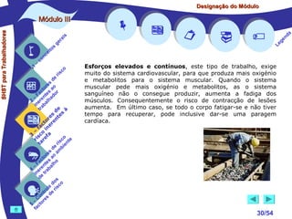 Designação do Módulo

SHST para Trabalhadores

Módulo III


1

–

s
ito
e
nc
co

is
ra
ge

c
r is

o

de
es
or ao
ct s r
Fa nte do
a
–
2 ere alh
in ab
tr
de à
s te s
re n
to r e
c e
fa in
– o
3 sc f a
co e
ri re
a
is ent
r i
t
de mb
es a
or ao
ct s
Fa nte lho
a
–
4 ere rab
in e t
d
s
do co
le is
ro e r
t
on s d
C re
–
5 cto
fa















Esforços elevados e contínuos, este tipo de trabalho, exige
muito do sistema cardiovascular, para que produza mais oxigénio
e metabolitos para o sistema muscular. Quando o sistema
muscular pede mais oxigénio e metabolitos, as o sistema
sanguíneo não o consegue produzir, aumenta a fadiga dos
músculos. Consequentemente o risco de contracção de lesões
aumenta. Em último caso, se todo o corpo fatigar-se e não tiver
tempo para recuperar, pode inclusive dar-se uma paragem
cardíaca.





30/54

a
nd
ge
Le

 