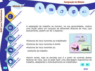 Designação do Módulo

SHST para Trabalhadores

Módulo III


1

–

s
ito
e
nc
co

is
ra
ge

r is














a
nd
ge
Le

co

de
es
or ao
ct s r
Fa nte do
a
–
2 ere alh
in ab
tr
de à
s te s
re n
to r e
c e
fa in
– o
3 sc f a
co e
ri re
a
is ent
r i
t
de mb
es a
or ao
ct s
Fa nte lho
a
–
4 ere rab
in e t
d
s
do co
le is
ro e r
t
on s d
C re
–
5 cto
fa





A adaptação do trabalho ao homem, na sua generalidade, implica
uma acção sobre um conjunto de diferentes factores de risco, que
basicamente, podem ser de 3 espécies:

•Factores de risco inerentes ao trabalhador
•Factores de risco inerentes à tarefa
•Factores de risco inerentes ao
ambiente de trabalho
•Assim sendo, logo se percebe que é a partir do controle destes
factores de risco, que se pode fazer uma abordagem ergonómica do
trabalho, adaptando-o individualmente ao trabalhador.

4/54

 