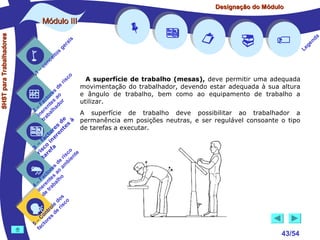 Designação do Módulo

SHST para Trabalhadores

Módulo III


1

–

s
ito
e
nc
co

is
ra
ge

r is

co











A superfície de trabalho (mesas), deve permitir uma adequada

movimentação do trabalhador, devendo estar adequada à sua altura
de
s
re
e ângulo de trabalho, bem como ao equipamento de trabalho a
to ao
c s r
utilizar.
Fa te o
– ren had
2 e al
A superfície de trabalho deve possibilitar ao trabalhador a
in ab
r
t
de à permanência em posições neutras, e ser regulável consoante o tipo
s te s
de tarefas a executar.
re n
to r e
c e
fa in
– o
3 sc f a
co e
ri re
a
is ent
r i
t
de mb
es a
or ao
ct s
Fa nte lho
a
–
4 ere rab
in e t
d
s
do co
le is
ro e r
t
on s d
C re
–
5 cto
fa








43/54

a
nd
ge
Le

 