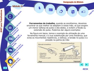 Designação do Módulo

SHST para Trabalhadores

Módulo III


1

–

s
ito
e
nc
co

is
ra
ge

r is

co

de
es
or ao
ct s r
Fa nte do
a
–
2 ere alh
in ab
tr
de à
s te s
re n
to r e
c e
fa in
– o
3 sc f a
co e
ri re
a
is ent
r i
t
de mb
es a
or ao
ct s
Fa nte lho
a
–
4 ere rab
in e t
d
s
do co
le is
ro e r
t
on s d
C re
–
5 cto
fa















Ferramentas de trabalho, quando as escolhemos, devemos
encontrar as que melhor se adaptam à nossa mão, as que exigem
um menor esforço do pulso e dos dedos, e evitem a flexão ou
extensão do pulso. Podemos dar alguns exemplos:
Na figura em baixo, temos o exemplo da utilização de uma
ferramenta manual, e a sua substituição por uma mecânica, que
evita os movimentos repetitivos, o esforço, a tensão no pulso e a
pressão na palma da mão





46/54

a
nd
ge
Le

 
