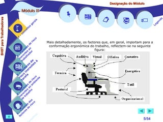 Designação do Módulo

SHST para Trabalhadores

Módulo III


1

–

s
ito
e
nc
co

is
ra
ge

r is

co

de
es
or ao
ct s r
Fa nte do
a
–
2 ere alh
in ab
tr
de à
s te s
re n
to r e
c e
fa in
– o
3 sc f a
co e
ri re
a
is ent
r i
t
de mb
es a
or ao
ct s
Fa nte lho
a
–
4 ere rab
in e t
d
s
do co
le is
ro e r
t
on s d
C re
–
5 cto
os
fa
lh
e
ns













Mais detalhadamente, os factores que, em geral, importam para a
conformação ergonómica do trabalho, reflectem-se na seguinte
figura:






5/54

a
nd
ge
Le

 