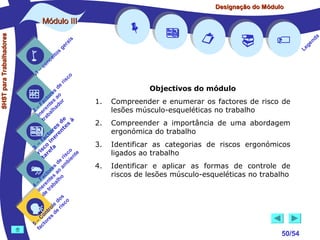 Designação do Módulo

SHST para Trabalhadores

Módulo III


1

–

s
ito
e
nc
co

is
ra
ge

r is












co

de
es
or ao
ct s r
Fa nte do
a
–
2 ere alh
in ab
tr
de à
s te s
re n
to r e
c e
fa in
– o
3 sc f a
co e
ri re
a
is ent
r i
t
de mb
es a
or ao
ct s
Fa nte lho
a
–
4 ere rab
in e t
d
s
do co
le is
ro e r
t
on s d
C re
–
5 cto
fa





Objectivos do módulo
1.

Compreender e enumerar os factores de risco de
lesões músculo-esqueléticas no trabalho

2.

Compreender a importância de uma abordagem
ergonómica do trabalho

3.

Identificar as categorias de riscos ergonómicos
ligados ao trabalho

4.

Identificar e aplicar as formas de controle de
riscos de lesões músculo-esqueléticas no trabalho



50/54

a
nd
ge
Le

 