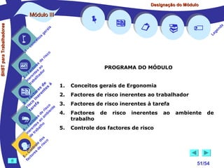 Designação do Módulo

SHST para Trabalhadores

Módulo III


1

–

s
ito
e
nc
co



r is











a
nd
ge
Le

co

de
es
or ao
ct s r
Fa nte do
a
–
2 ere alh
in ab
tr
de à
s te s
re n
to r e
c e
fa in
– o
3 sc f a
co e
ri re
a
is ent
r i
t
de mb
es a
or ao
ct s
Fa nte lho
a
–
4 ere rab
in e t
d
s
do co
le is
ro e r
t
on s d
C re
–
5 cto
fa





is
ra
ge

PROGRAMA DO MÓDULO
1.

Conceitos gerais de Ergonomia

2.

Factores de risco inerentes ao trabalhador

3.

Factores de risco inerentes à tarefa

4.

Factores
trabalho

5.

Controle dos factores de risco

de

risco

inerentes

ao

ambiente

de



51/54

 