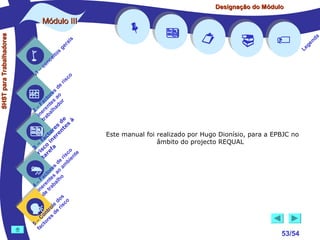 Designação do Módulo

SHST para Trabalhadores

Módulo III


1

–

s
ito
e
nc
co

is
ra
ge

r is











co

de
es
or ao
ct s r
Fa nte do
a
–
2 ere alh
in ab
tr
de à
s te s
re n
to r e
c e
fa in
– o
3 sc f a
co e
ri re
a
is ent
r i
t
de mb
es a
or ao
ct s
Fa nte lho
a
–
4 ere rab
in e t
d
s
do co
le is
ro e r
t
on s d
C re
–
5 cto
fa





Este manual foi realizado por Hugo Dionísio, para a EPBJC no
âmbito do projecto REQUAL





53/54

a
nd
ge
Le

 