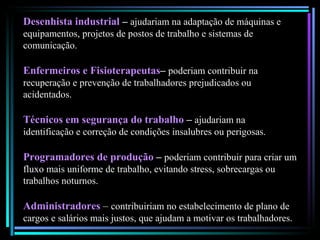 Desenhista industrial  –  ajudariam na adaptação de máquinas e equipamentos, projetos de postos de trabalho e sistemas de comunicação. Enfermeiros e Fisioterapeutas –  poderiam contribuir na recuperação e prevenção de trabalhadores prejudicados ou acidentados. Técnicos em segurança do trabalho  –  ajudariam na identificação e correção de condições insalubres ou perigosas. Programadores de produção  –  poderiam contribuir para criar um fluxo mais uniforme de trabalho, evitando stress, sobrecargas ou trabalhos noturnos. Administradores   –  contribuiriam no estabelecimento de plano de cargos e salários mais justos, que ajudam a motivar os trabalhadores. 