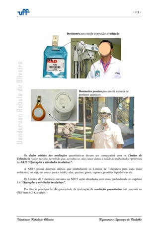 - 112 -
-
Uanderson Rebula de Oliveira Ergonomia e Segurança do Trabalho
Os dados obtidos das avaliações quantitativas devem ser comparados com os Limites de
Tolerância (valor máximo permitido que, acredita-se, não cause danos à saúde do trabalhador) previstos
na NR15 “Operações e atividades insalubres”.
A NR15 possui diversos anexos que estabelecem os Limites de Tolerância para cada risco
ambiental, ou seja, um anexo para o ruído, calor, poeiras, gases, vapores, pressões hiperbáricas etc.
Os Limites de Tolerância previstos na NR15 serão abordados com mais profundidade no capítulo
3.4 “Operações e atividades insalubres”.
Por fim, o princípio da obrigatoriedade da realização da avaliação quantitativa está prevista na
NR9 item 9.3.4, a saber:
Dosímetro para medir exposição à radiação
Dosímetro passivo para medir vapores de
produtos químicos
 