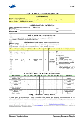 - 120
-
Uanderson Rebula de Oliveira Ergonomia e Segurança do Trabalho
EXEMPLO DO DOCUMENTO-BASE BÁSICO DE UM PPRA
DADOS DA EMPRESA
Empresa: Automóveis CFR do Brasil
Atividade econômica: Fabricação de automóveis, camionetas e utilitários. Grau de risco: 3 N. de empregados: 2.000
CGC. 101.234.444 /9 Localização: Volta Redonda
DADOS DA ELABORAÇÃO PELA GERÊNCIA
Gerência: Gerência de Pintura Automotiva – GPA Data: 05/01/2008
Elaborado por: _____________________________________________________________________________ ass.:__________________________
Profissional do SESMT: ______________________________________________________________________ ass.:__________________________
Membro da CIPA: ____________________________________________________________________________ass.:__________________________
ANÁLISE GLOBAL DO PPRA DO ANO ANTERIOR
Houve substituição da tinta por outra com propriedades químicas menos agressivas em 03/02/2007
Instalação de 3 exaustores no setor de pinturas em 24/04/2007
RECONHECIMENTO DOS RISCOS (avaliação quantitativa inclusa)
Setor: Setor de Pinturas
Função exposta: Pintor N. de trabalhadores: 4 Descrição das atividades: realização de pintura automobilística.
Turnos de trabalho – 07h00min as 15h00min; 15h00min às 23h00min. Tipo de exposição: permanente
Risco
ambiental
Valor
avaliação
Limite tolerância
NR15/ACGIH
Meio de
propagação
Fonte
geradora
Função
exposta
N.
Trab
Danos à saúde Medidas de controle existentes
Ruído 87 dB (A) 85 dB (A)
ar Pistola de
pintura
Pintor 4
Perda auditiva
EPI:
Protetor auditivo
Vapores
de tinta
54 ppm 78 ppm
(Tolueno)
Transtorno
cognitivo leve1
dentre outros
Proteção coletiva:
Ventiladores industriais;
Exaustores;
Circulação de ar pelas Janelas
Medidas administrativas e de Organização:
Revezamento de pessoal – semanal
Procedimento operacional
EPIs:
Respirador purificador de ar contra
vapores de tinta, Macacão, Capuz e
Luvas contra produtos químicos.
PLANEJAMENTO ANUAL – CRONOGRAMA DE AÇÕES EM 2008
Ações do programa JAN FEV MAR ABR MAI JUN JUL AGO SET OUT NOV DEZ RESPONSÁVEL
Treinamento em segurança no
manuseio de tintas X Supervisor
Treinamento em proteção
respiratória X
Técnico em segurança do
Trabalho
Treinamento em Proteção
Auditiva X
Técnico em Segurança do
Trabalho
Treinamento quanto a
eficiência e limitações das
proteções coletivas
X
Supervisor
Revisar Programa de Proteção
Respiratória X
Técnico em segurança do
Trabalho e supervisor
Adquirir 2 exaustores x Gerente
RELAÇÃO COM O PCMSO – EXAMES MÉDICOS
Os exames médicos são realizados conforme o PCMSO – Programa de Controle Médico de Saúde Ocupacional, tendo como responsável pela sua
elaboração o Médico do Trabalho, observado os riscos ambientais a que os pintores estão expostos. Não há histórico de doenças ocupacionais.
_________________________
1
O Tolueno pode causar diversos danos à saúde. Para conhecer esses danos basta consultar o livro “Doenças Relacionadas ao Trabalho”, elaborado pelo Ministério
da Saúde. Está disponível no site do Professor e também no portal www.saude.gov.br . Na verdade é uma poderosa fonte de consulta para saber sobre qualquer tipo de
doença relacionada ao trabalho. Recomendável sua leitura.
 