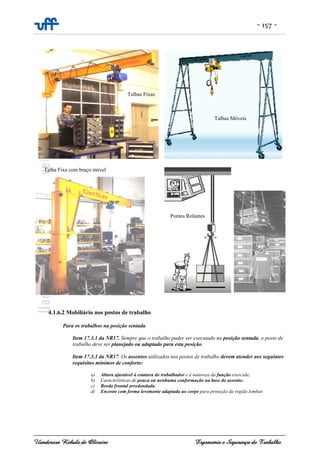- 157 -
Uanderson Rebula de Oliveira Ergonomia e Segurança do Trabalho
4.1.6.2 Mobiliário nos postos de trabalho
Para os trabalhos na posição sentada
Item 17.3.1 da NR17. Sempre que o trabalho puder ser executado na posição sentada, o posto de
trabalho deve ser planejado ou adaptado para esta posição.
Item 17.3.3 da NR17. Os assentos utilizados nos postos de trabalho devem atender aos seguintes
requisitos mínimos de conforto:
a) Altura ajustável à estatura do trabalhador e à natureza da função exercida;
b) Características de pouca ou nenhuma conformação na base do assento;
c) Borda frontal arredondada;
d) Encosto com forma levemente adaptada ao corpo para proteção da região lombar.
Talhas Móveis
Talhas Fixas
Talha Fixa com braço móvel
Pontes Rolantes
 
