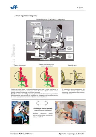 - 158 -
Uanderson Rebula de Oliveira Ergonomia e Segurança do Trabalho
Solução ergonômica proposta:
Recomendação da FUNDACENTRO (2001)
Nas fotos nas laterais podemos
ver problemas ergonômicos:
Posturas incorretas podem
alterar as curvaturas naturais da
coluna vertebral
Os assentos dos carros, na sua maioria, são
retos e não possuem apoio lombar
adequado de modo a acertar, por completo,
as curvas da coluna.
Cadeira com encosto
Observe as colunas acima. A cadeira à esquerda destaca como a coluna torna-se reta ao
acompanhar a trajetória do encosto, que é reto. A cadeira à direita constata como o
encosto acomoda com precisão as curvaturas da coluna.
Conclusão: coluna reta = fadiga muscular, pressão intradiscal aumentada, sujeita a dores
e pinçamentos de raízes nervosas. Já no encosto que acompanha com precisão a curvatura
da coluna, houve proteção e respeito ao desenho da anatomia humana.
Cadeira com encosto curvo
(cadeira ergonômica)
Banco de carro
 