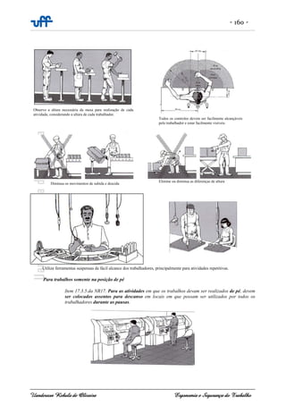 - 160 -
Uanderson Rebula de Oliveira Ergonomia e Segurança do Trabalho
Para trabalhos somente na posição de pé
Item 17.3.5.da NR17. Para as atividades em que os trabalhos devam ser realizados de pé, devem
ser colocados assentos para descanso em locais em que possam ser utilizados por todos os
trabalhadores durante as pausas.
Observe a altura necessária da mesa para realização de cada
atividade, considerando a altura de cada trabalhador.
Todos os controles devem ser facilmente alcançáveis
pelo trabalhador e estar facilmente visíveis.
Diminua os movimentos de subida e descida
Elimine ou diminua as diferenças de altura
Utilize ferramentas suspensas de fácil alcance dos trabalhadores, principalmente para atividades repetitivas.
 