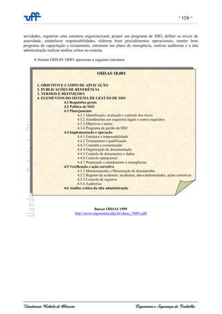 - 179 -
Uanderson Rebula de Oliveira Ergonomia e Segurança do Trabalho
atividades, organizar uma estrutura organizacional, propor um programa de SSO, definir os níveis de
autoridade, estabelecer responsabilidades, elaborar bons procedimentos operacionais, manter bom
programa de capacitação e treinamento, estruturar um plano de emergência, realizar auditorias e a alta
administração realizar análise crítica no sistema.
A Norma OHSAS 18001 apresenta a seguinte estrutura:
Baixar OHSAS 1999
http://www.ergonomia.ufpr.br/ohsas_18001.pdf
1. OBJETIVO E CAMPO DE APLICAÇÃO
2. PUBLICAÇÕES DE REFERÊNCIA
3. TERMOS E DEFINIÇOES
4. ELEMENTOS DO SISTEMA DE GESTÃO DE SSO
4.1 Requisitos gerais
4.2 Política de SSO
4.3 Planejamento
4.3.1 Identificação, avaliação e controle dos riscos
4.3.2 Atendimento aos requisitos legais e outros requisitos
4.3.3 Objetivos e metas
4.3.4 Programa de gestão de SSO
4.4 Implementação e operação
4.4.1 Estrutura e responsabilidade
4.4.2 Treinamento e qualificação
4.4.3 Consulta e comunicação
4.4.4 Organização de documentação
4.4.5 Controle de documentos e dados
4.4.6 Controle operacional
4.4.7 Preparação e atendimento à emergências
4.5 Verificação e ação corretiva
4.5.1 Monitoramento e Mensuração de desempenho
4.5.2 Registro de acidentes, incidentes, não-conformidades, ações corretivas
4.5.3 Controle de registros
4.5.4 Auditorias
4.6 Análise crítica da alta administração
OHSAS 18.001
 