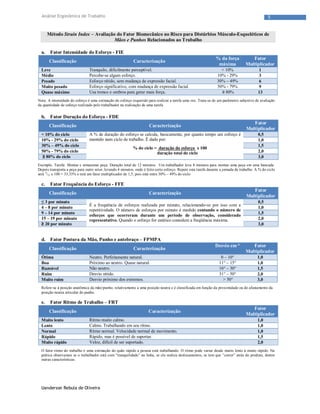 Uanderson Rebula de Oliveira
5Análise Ergonômica de Trabalho
Método Strain Index – Avaliação do Fator Biomecânico no Risco para Distúrbios Músculo-Esqueléticos de
Mãos e Punhos Relacionados ao Trabalho
a. Fator Intensidade do Esforço - FIE
Classificação Caracterização
% da força
máxima
Fator
Multiplicador
Leve Tranquilo, dificilmente perceptível. < 10% 1
Médio Percebe-se algum esforço. 10% - 29% 3
Pesado Esforço nítido, sem mudança de expressão facial. 30% – 49% 6
Muito pesado Esforço significativo, com mudança de expressão facial. 50% - 79% 9
Quase máximo Usa tronco e ombros para gerar mais força. ≥ 80% 13
Nota: A intensidade do esforço é uma estimação do esforço requerido para realizar a tarefa uma vez. Trata-se de um parâmetro subjetivo de avaliação
da quantidade de esforço realizado pelo trabalhador na realização de uma tarefa.
b. Fator Duração do Esforço - FDE
Classificação Caracterização
Fator
Multiplicador
< 10% do ciclo 0,5
10% - 29% do ciclo 1,0
30% – 49% do ciclo 1,5
50% - 79% do ciclo 2,0
≥ 80% do ciclo
A % de duração do esforço se calcula, basicamente, por quanto tempo um esforço é
mantido num ciclo de trabalho. É dado por:
% do ciclo = duração do esforço x 100
duração total do ciclo
3,0
Exemplo. Tarefa: Montar e armazenar peça. Duração total de 12 minutos. Um trabalhador leva 8 minutos para montar uma peça em uma bancada.
Depois transporta a peça para outro setor, levando 4 minutos, onde é feito certo esforço. Repete esta tarefa durante a jornada de trabalho. A % do ciclo
será 4
/12 x 100 = 33,33% e terá um fator multiplicador de 1,5, pois está entre 30% – 49% do ciclo.
c. Fator Frequência do Esforço - FFE
Classificação Caracterização
Fator
Multiplicador
≤ 3 por minuto 0,5
4 – 8 por minuto 1,0
9 – 14 por minuto 1,5
15 – 19 por minuto 2,0
≥ 20 por minuto
É a frequência de esforços realizada por minuto, relacionando-se por isso com a
repetitividade. O número de esforços por minuto é medido contando o número de
esforços que ocorreram durante um período de observação, considerado
representativo. Quando o esforço for estático considere a freqüência máxima.
3,0
d. Fator Postura da Mão, Punho e antebraço – FPMPA
Classificação Caracterização
Desvio em ° Fator
Multiplicador
Ótima Neutro. Perfeitamente natural. 0 – 10° 1,0
Boa Próximo ao neutro. Quase natural. 11° – 15° 1,0
Razoável Não neutro. 16° – 30° 1,5
Ruim Desvio nítido. 31° – 50° 2,0
Muito ruim Desvio próximo dos extremos. > 50° 3,0
Refere-se à posição anatômica da mão/punho, relativamente a uma posição neutra e é classificada em função da proximidade ou do afastamento da
posição neutra articular do punho.
e. Fator Ritmo de Trabalho – FRT
Classificação Caracterização
Fator
Multiplicador
Muito lento Ritmo muito calmo. 1,0
Lento Calmo. Trabalhando em seu ritmo. 1,0
Normal Ritmo normal. Velocidade normal de movimento. 1,0
Rápido Rápido, mas é possível de suportar. 1,5
Muito rápido Veloz, difícil de ser suportado. 2,0
O fator ritmo do trabalho é uma estimação do quão rápido a pessoa está trabalhando. O ritmo pode variar desde muito lento à muito rápido. Na
prática observamos se o trabalhador está com “tranquilidade” na linha, se ele realiza deslocamentos, se tem que “correr” atrás do produto, dentre
outras características.
 