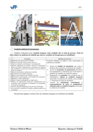 - 57 -
Uanderson Rebula de Oliveira Ergonomia e Segurança do Trabalho
Condição ambiente de insegurança
Também conhecida como condição insegura. Esta condição não se trata de pessoas. Trata do
risco relativo ao ambiente de trabalho que oferece condições de insegurança ao trabalhador.
Exemplos Medidas preventivas
Insuficiência de espaço para o trabalho;
Existência de ruído, calor, poeiras, gases, etc
Falta de ventilação ou iluminação; ou inadequadas.
Controle inadequado de trânsito, referente a manutenção
de vias de trânsito, iluminação de cruzamentos ou esquinas
sem visibilidade, controle de velocidade e desvio de trânsito
de locais perigosos
Falta de sinalização no ambiente de trabalho
Procedimentos de trabalho ineficazes
Método ou procedimento de trabalho arriscado.
Equipamentos desprotegidos, ou protegidos incorretamente
Passagem e saída inadequadas;
Ordem e limpeza inadequadas ou insuficientes;
Projetos de equipamentos deficientes: Equipamentos mal
projetados, mal construídos ou montados, ou constituídos
por material inadequado.
Falta do adequado Equipamento de Proteção Individual
Risco inerente a ambiente de trabalho, ambiente público ou
ao trânsito.
Princípio: Eliminar ou reduzir o risco relacionado ao
ambiente de trabalho.
Através de medidas de engenharia, que visem a
melhoria das instalações no ambiente de trabalho;
Através de programas de manutenções periódicas
nos equipamentos e instalações que visem manter o
ambiente de trabalho em condições seguras.
Implantação de programas que permitam que os
trabalhadores relatem as condições inseguras
observadas no ambiente de trabalho, como exemplo
o “Programa de relato de anomalias”.
Através de treinamento, envolvimento e
comprometimento de todos os trabalhadores,
relatando todas as condições inseguras observadas
no ambiente de trabalho.
Nas próximas páginas veremos fotos de condições inseguras em ambientes de trabalho
 