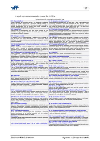 - 75 -
Uanderson Rebula de Oliveira Ergonomia e Segurança do Trabalho
A seguir, apresentaremos quadro resumo das 33 NR’s:
Quadro resumo das Normas Regulamentadoras - NR
NR1 – Disposições Gerais
Obriga as empresas pelo cumprimento das NR´s; Dá competência às Delegacias
Regionais do Trabalho – DRT’s quanto à fiscalização, notificação, embargo ou
interdição de obras e estabelecimentos; Conceitua empregado, empregador,
empresa, estabelecimento, local de trabalho dentre outros; Estabelece as
responsabilidades do empregador e dos empregados.
NR 15 – Operações e Atividades Insalubres
Insalubridade significa ambiente nocivo, que causa danos à saúde. Esta norma determina
que seja pago mensalmente o adicional de insalubridade (10, 20 ou 40% sobre o salário
mínimo) quando a empresa constatar que o empregado trabalha exposto a risco acima do
limite do qual seu organismo tolera, podendo, assim, causar danos à sua saúde, como
exemplo a exposição ao ruído, calor, poeiras, vibrações, gases, etc.
NR2 - Inspeção Prévia
Determina que todo estabelecimento novo deva solicitar aprovação de suas
instalações ao órgão regional do Ministério do Trabalho, que emitirá o CAI -
Certificado de Aprovação de Instalações.
NR16 - Operações e Atividades Periculosas
Periculoso significa ambiente perigoso. Esta norma determina que seja pago mensalmente
adicional de periculosidade (30% sobre o salário base) quando a empresa constatar que o
empregado trabalha exposto a risco acentuado de acidente, como exemplo, os trabalhos
com materiais explosivos, líquidos inflamáveis, etc.
NR3 - Embargo ou Interdição
Dá autonomia à DRT de interditar/embargar o estabelecimento, as máquinas ou
setor de serviços se os mesmos demonstrarem grave e iminente risco para o
trabalhador, e/ou exigir providências a serem adotadas para prevenção de acidentes
e doenças profissionais.
NR17 – Ergonomia
Esta norma fixa os parâmetros mínimos que permitam a adaptação do trabalho ao homem.
Trata da melhora das condições de trabalho. Consta nesta norma regras para o
levantamento e transporte manual de cargas, os mobiliários nos postos de trabalho
(assentos, dimensionamento, altura, etc.), a iluminação de interiores, as condições
ambientais de trabalho (ruído, temperatura, umidade, etc) e a organização do trabalho.
NR4 - Serviços Especializados em Engenharia de Segurança e em Medicina do
Trabalho – SESMT
Obriga as empresas de constituírem o SESMT, além de atribuir responsabilidades a
estes. O SESMT é composto por profissionais especializados em segurança:
Engenheiro e Técnico em Segurança, Médico, Enfermeiro e auxiliar de enfermeiro do
Trabalho, cuja finalidade é de promover a saúde e proteger o trabalhador.
NR18 – Segurança na Construção Civil
Estabelece regras mínimas para os trabalhos na construção civil (construção de prédios,
pontes, túneis, fábricas, etc). Tais regras englobam as escavações, fundações e desmonte
de rochas, carpintaria, demolições, serviços em telhados, andaimes, operações com solda e
oxicorte, uso de ferramentas diversas, estruturas de concreto, armações de aço, etc.
NR5 – Comissão Interna de Prevenção de Acidentes - CIPA
Obriga as empresas a constituírem a CIPA, além de atribuir responsabilidades a
estes. A CIPA é composta por empregados da própria empresa, eleitos através de
processo eleitoral e indicação do empregador. Os objetivos da CIPA são de observar
e relatar condições de risco, eliminando as possíveis causas de acidentes e doenças
do trabalho.
NR19 - Explosivos
Determina regras para o depósito, manuseio e armazenagem de explosivos.
NR20 - Líquidos Combustíveis e Inflamáveis
Define os parâmetros para o armazenamento de combustíveis e inflamáveis
NR6 – Equipamento de Proteção Individual - EPI
Obriga as empresas de fornecerem gratuitamente os Equipamentos de Proteção
Individual, os chamados EPI’s, destinados a proteger a saúde e a integridade física
do trabalhador, em função dos riscos a que estão expostos.
NR21 - Trabalho a céu aberto
Define o tipo de proteção aos trabalhadores que trabalham sem abrigo, contra intempéries
(insolação, condições sanitárias, água, etc.).
NR7 – Programa de Controle Médico de Saúde Ocupacional - PCMSO
Trata dos exames médicos obrigatórios para as empresas. Os empregados devem
ser submetidos a exames médicos de acordo com os riscos que estão expostos. O
PCMSO tem o caráter preventivo, pois objetiva diagnosticar doenças profissionais e
danos à saúde decorrentes do trabalho.
NR 22 – Trabalhos subterrâneos
Destina-se aos trabalhos em minerações subterrâneas ou a céu aberto, garimpos,
beneficiamento de minerais e pesquisa mineral.
NR23 – Proteção contra incêndios
Todas as empresas deverão possuir: proteção contra incêndio, saídas suficientes para a
rápida retirada do pessoal em serviço, em caso de incêndio; equipamento suficiente para
combater o fogo em seu início; e pessoas treinadas no uso correto destes equipamentos.
NR8 – Edificações
Estabelece os requisitos técnicos que devem ser observados nas edificações para
garantir segurança aos que nelas trabalham como os pisos, escadas, proteção
contra intempéries (insolação, chuvas, etc).
NR24 - Condições sanitárias e de conforto nos locais de trabalho
Trata das instalações sanitárias, vestiários, refeitórios, cozinhas, alojamentos e demais
condições de higiene e conforto que devem ser proporcionadas ao trabalhador.
NR9 – Programa de Prevenção de Riscos Ambientais - PPRA
Obriga as empresas a identificarem todos os riscos em seus processos produtivos
que possam causar doenças ocupacionais e, a partir desta identificação, estabelecer
as medidas para controlar, reduzir ou eliminar tais riscos.
NR25 - Resíduos Industriais
Trata da eliminação dos resíduos gasosos, sólidos, líquidos de alta toxidade, periculosidade,
risco biológico, radioativo, a exemplo do césio em Goiás.
NR26 - Sinalização de Segurança
Determina as cores na segurança do trabalho como forma de prevenção evitando a
distração, confusão e fadiga do trabalhador.
NR10 – Instalações e serviços em eletricidade
Trata das condições mínimas para garantir a segurança daqueles que trabalham em
instalações elétricas, em suas diversas etapas, incluindo projeto, execução,
operação, manutenção, reforma e ampliação, incluindo terceiros e usuários.
NR27 – Registro do Técnico de Segurança no Ministério do Trabalho e Emprego
Todo técnico de segurança deve ser portador de certificado de conclusão do 2º grau de
Técnico de Segurança e Saúde no Trabalho, com currículo do Ministério do Trabalho e
Emprego, devidamente registrado através das DRTs regionais.
NR11–Transporte, Movimentação, Armazenagem e Manuseio de Materiais
Estabelece os requisitos de segurança a serem observados nos locais de trabalho,
no que se refere ao transporte, à movimentação, à armazenagem e ao manuseio de
materiais, tanto de forma mecânica, quanto manual, de modo a evitar acidentes no
local de trabalho.
NR-28 – fiscalizações e Penalidades.
Esta NR aborda ponto importante no que tange à prevenção ao Acidente do Trabalho, pois
ela define de forma explícita as multas por violação de normas de segurança.
NR12 - Máquinas e Equipamentos
Esta norma regulamenta as condições das instalações e áreas de trabalho (lay-out),
a exigência de dispositivos de acionamento de partida e parada nos equipamentos,
as proteções das máquinas, os assentos e mesas e as medidas gerais de máquinas
e equipamentos.
NR 29 - Segurança e saúde no trabalho portuário.
Tem por objetivo regular a proteção obrigatória contra acidentes e doenças profissionais,
facilitar os primeiros-socorros a acidentados e alcançar as melhores condições possíveis de
segurança e saúde aos trabalhadores portuários.
NR13 – Caldeiras e vasos sob pressão
É uma norma complexa. Estabelece regras gerais para Caldeiras e Vasos sob
pressão (compressores de ar, reatores, tubulações, etc). São quaisquer
equipamentos que armazenem produtos sob pressão.
NR 30 – Norma Regulamentadora de Segurança e Saúde no Trabalho Aquaviário
Esta norma tem como objetivo a proteção e a regulamentação das condições de segurança
e saúde dos trabalhadores aquaviários.
NR- 14 Fornos.
Estabelece as medidas prevencionistas a serem adotadas na construção, operação e
manutenção de fornos industriais.
NR31 – Norma para trabalhos na agricultura, pecuária e exploração florestal
Esta Norma estabelece os preceitos a serem observados na organização e no ambiente de
trabalho, de forma a tornar compatível o planejamento e o desenvolvimento das atividades
da agricultura, pecuária e exploração florestal com a segurança e saúde e meio ambiente.
Obs.: Novas normas: NR34, NR35 e NR 36. A NR27 foi revogada.
NR32 – Segurança e saúde no trabalho em serviços de saúde
NR33 – Segurança e saúde em espaços confinados
Estabelece regras para trabalhos em locais fechados (tanques, poços etc) que podem existir
deficiência de oxigênio ou a presença de gases tóxicos e inflamáveis.
 