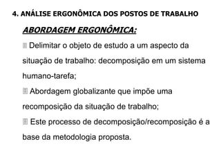 ABORDAGEM ERGONÔMICA:
 Delimitar o objeto de estudo a um aspecto da
situação de trabalho: decomposição em um sistema
humano-tarefa;
 Abordagem globalizante que impõe uma
recomposição da situação de trabalho;
 Este processo de decomposição/recomposição é a
base da metodologia proposta.
4. ANÁLISE ERGONÔMICA DOS POSTOS DE TRABALHO
 