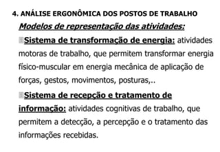 Sistema de transformação de energia: atividades
motoras de trabalho, que permitem transformar energia
físico-muscular em energia mecânica de aplicação de
forças, gestos, movimentos, posturas,..
Sistema de recepção e tratamento de
informação: atividades cognitivas de trabalho, que
permitem a detecção, a percepção e o tratamento das
informações recebidas.
Modelos de representação das atividades:
4. ANÁLISE ERGONÔMICA DOS POSTOS DE TRABALHO
 