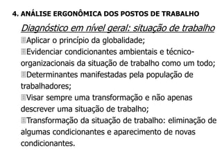 Diagnóstico em nível geral: situação de trabalho
Aplicar o princípio da globalidade;
Evidenciar condicionantes ambientais e técnico-
organizacionais da situação de trabalho como um todo;
Determinantes manifestadas pela população de
trabalhadores;
Visar sempre uma transformação e não apenas
descrever uma situação de trabalho;
Transformação da situação de trabalho: eliminação de
algumas condicionantes e aparecimento de novas
condicionantes.
4. ANÁLISE ERGONÔMICA DOS POSTOS DE TRABALHO
 