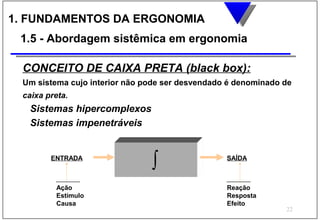 1. FUNDAMENTOS DA ERGONOMIA
 1.5 - Abordagem sistêmica em ergonomia

 CONCEITO DE CAIXA PRETA (black box):
 Um sistema cujo interior não pode ser desvendado é denominado de
 caixa preta.
  Sistemas hipercomplexos
  Sistemas impenetráveis


        ENTRADA
                               ∫                 SAÍDA



         Ação                                    Reação
         Estímulo                                Resposta
         Causa                                   Efeito
                                                               22
 