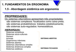 1. FUNDAMENTOS DA ERGONOMIA
 1.5 - Abordagem sistêmica em ergonomia

 PROPRIEDADES:
 Os sistemas cibernéticos apresentam três propriedades:
  são sistemas complexos: focalizados como caixa preta;
  são sistemas probabilísticos: tratados estatisticamente;
  são sistemas auto-regulados: homeostáticos.
 HIERARQUIA:
  Sistemas simbólicos
  Sistemas sócio-culturais
  Homem
  Animais                          SISTEMAS ABERTOS
  Organismos inferiores
  Sistemas abertos
  Sistemas cibernéticos simples
  Sistemas dinâmicos simples
                                   SISTEMAS FECHADOS
  Sistemas estáticos                                         32
 