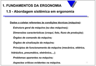 1. FUNDAMENTOS DA ERGONOMIA
 1.5 - Abordagem sistêmica em ergonomia


   Dados a coletar referentes às condições técnicas (máquina):

     Estrutura geral da máquina (ou das máquinas);

     Dimensões características (croqui, foto, fluxo de produção);

     Órgãos de comando da máquina;

     Órgãos de sinalização da máquina;

     Princípios de funcionamento da máquina (mecânico, elétrico,

    hidráulico, pneumático, eletrônico,...);

     Problemas aparentes na máquina;

     Aspectos críticos evidentes na máquina.                        53
 