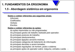 1. FUNDAMENTOS DA ERGONOMIA
 1.5 - Abordagem sistêmica em ergonomia

   Dados a coletar referentes aos seguintes sinais:
     Informais;
     Codificados;
     Verbais;
     Escritos.
   Dados a coletar referentes às ações:
     As ações imprevistas ou não programadas;
     Os principais gestos de trabalho realizado pelo operador;
     As principais posturas de trabalho;
     Os principais deslocamentos;
     As principais ligações sensório-motoras;
     As principais categorias de tratamento de informação;
     As principais decisões a serem tomadas;
     As principais regulações: do homem, posto e sistema;
     as principais ações do operador sobre: máquina, entrada e saída.   55
 