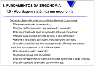 1. FUNDAMENTOS DA ERGONOMIA
 1.5 - Abordagem sistêmica em ergonomia

   Dados a coletar referentes às condições técnicas (comandos):
     Número e variedade de comandos;
     Posição, distância relativa dos sinais e dos comandos;
     Grau de precisão da ação do operador sobre os comandos;
     Intervalo entre o aparecimento do sinal e dos comandos;
     Rapidez e frequência das ações realizadas pelo operador;
     Grau de compatibilidade nos movimentos de diferentes comandos,
    manobrados sequencial ou simultaneamente;
     Grau de realismo dos comandos;
     Disposição relativa dos comandos;
     Grau de correspondência entre a forma dos comandos e suas funções;
     Grau de coerência no sentido dos movimentos.                 59
 