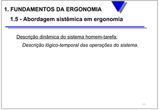1. FUNDAMENTOS DA ERGONOMIA
 1.5 - Abordagem sistêmica em ergonomia


   Descrição dinâmica do sistema homem-tarefa:
     Descrição lógico-temporal das operações do sistema.




                                                           60
 