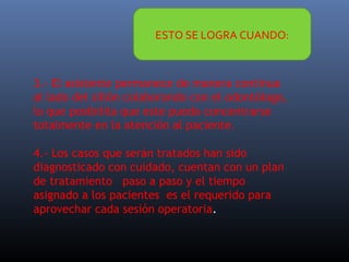 ESTO SE LOGRA CUANDO:

3.- El asistente permanece de manera continua
al lado del sillón colaborando con el odontólogo,
lo que posibilita que este pueda concentrarse
totalmente en la atención al paciente.
4.- Los casos que serán tratados han sido
diagnosticado con cuidado, cuentan con un plan
de tratamiento paso a paso y el tiempo
asignado a los pacientes es el requerido para
aprovechar cada sesión operatoria.

 