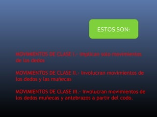 ESTOS SON:

MOVIMIENTOS DE CLASE I.- implican solo movimientos
de los dedos
MOVIMIENTOS DE CLASE II.- Involucran movimientos de
los dedos y las muñecas
MOVIMIENTOS DE CLASE III.- Involucran movimientos de
los dedos muñecas y antebrazos a partir del codo.

 