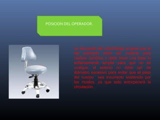 POSICION DEL OPERADOR.

La banqueta del odontólogo al igual que la
del asistente debe ser rodante para
realizar cambios y debe tener una base lo
sufientemente amplia para que no se
vuelque. el asiento no debe ser de
diámetro excesivo para evitar que el peso
del cuerpo sea incorrecto sostenido por
los muslos. ya que esto entorpecerá la
circulación.

 
