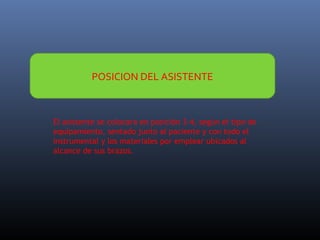 POSICION DEL ASISTENTE

El asistente se colocara en posición 3-4, según el tipo de
equipamiento, sentado junto al paciente y con todo el
instrumental y los materiales por emplear ubicados al
alcance de sus brazos.

 