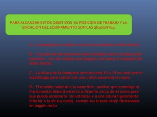 PARA ALCANZAR ESTOS OBJETIVOS SU POSICION DE TRABAJO Y LA
UBICACIÓN DEL EQUIPAMIENTO SON LAS SIGUIENTES:

A.- La banqueta se coloca lo mas cerca posible al sillón dental.
B.- Las piernas del asistente están dirigidas hacia la cabeza del
paciente , con las rodillas que lleguen casi hasta el respaldo del
sillón dental.
C.- La altura de la banqueta será de unos 10 a 15 cm mas que el
odontólogo para contar con una visión panorámica mayor.
D.- El mueble rodante o la superficie auxiliar que contenga el
instrumental deberá estar lo suficiente cerca de él como para
que pueda alcanzarlo sin estirarse y a una altura ligeramente
inferior a la de sus codos, cuando sus brazos estén flexionados
en ángulo recto

 