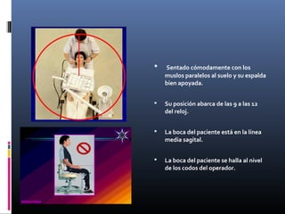 

Sentado cómodamente con los
muslos paralelos al suelo y su espalda
bien apoyada.



Su posición abarca de las 9 a las 12
del reloj.



La boca del paciente está en la línea
media sagital.



La boca del paciente se halla al nivel
de los codos del operador.

 