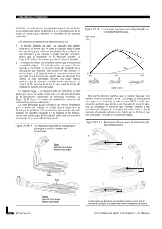 HERRAMIENTAS Y ENFOQUES




        diseñadas. Las soluciones a estos problemas particulares estarían            Figura 29.16 • La tensión muscular varía dependiendo de
        en un cambio del diseño de las tijeras y en la modificación de las                          la longitud del músculo.
        tareas de costura para eliminar la necesidad de las acciones
        realizadas.

          Dos principios importantes de la biomecánica son:
        1. Los músculos funcionan por pares. Los músculos sólo pueden
           contraerse, de forma que en cada articulación deberá haber
           un músculo o grupo muscular que desplace la articulación en
           una dirección, y un músculo o grupo muscular correspon-
           diente que la desplacen en la dirección opuesta. La
           Figura 29.15 ilustra lo anterior para la articulación del codo.
        2. Los músculos se contraen más eficazmente cuando el par de músculos está
           en equilibrio relajado. El músculo actúa con mayor eficacia
           cuando se encuentra en el punto medio del recorrido de la
           articulación que flexiona. Esto sucede por dos motivos: en
           primer lugar, si el músculo trata de contraerse cuando está
           acortado, tirará del músculo opuesto que está alargado. Este
           último, al estar extendido, ejercerá una fuerza elástica
           contraria que el músculo contraído tendrá que vencer. La
           Figura 29.16 muestra la forma en que varía la fuerza del
           músculo en función de su longitud.
           En segundo lugar, si el músculo trata de contraerse en otro
        punto que no sea el punto medio del recorrido del movimiento
        de la articulación, funcionará en desventaja mecánica. La                       Esta norma también significa que la tensión muscular será
        Figura 29.17 ilustra el cambio de rendimiento mecánico del                   mínima mientras se realiza la tarea. Un ejemplo de infracción de
        codo en tres posiciones diferentes.                                          esta regla es el síndrome de uso excesivo (RSI) o lesión por
           De estos principios puede concluirse un criterio importante               esfuerzo repetitivo, que afecta a los músculos de la parte supe-
        para el diseño del trabajo: el trabajo deberá organizarse de                 rior del antebrazo en personas que manejan teclados y que
        forma que se produzca con los músculos opuestos de cada arti-                normalmente trabajan con la muñeca flexionada hacia arriba. A
        culación en equilibrio relajado. En la mayoría de las articula-              menudo, el operador adquiere este hábito por la forma en que
        ciones, esto significa que la articulación deberá encontrarse en la          está concebido el teclado o el puesto de trabajo.
        zona media de su intervalo de movimiento.
                                                                                     Figura 29.17 • Posiciones idóneas para el movimiento de
        Figura 29.15 • Los músculos esqueléticos trabajan por                                       las articulaciones.
                       pares para iniciar o revertir un
                       movimiento.




29.36   BIOMECANICA                                                                          ENCICLOPEDIA DE SALUD Y SEGURIDAD EN EL TRABAJO
 