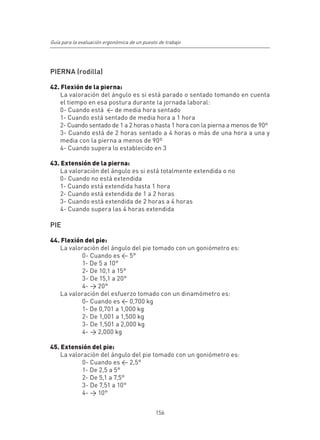 Guía para la evaluación ergonómica de un puesto de trabajo




PIERNA (rodilla)

42. Flexión de la pierna:
    La valoración del ángulo es si está parado o sentado tomando en cuenta
    el tiempo en esa postura durante la jornada laboral:
    0- Cuando está < de media hora sentado
    1- Cuando está sentado de media hora a 1 hora
    2- Cuando sentado de 1 a 2 horas o hasta 1 hora con la pierna a menos de 90º
    3- Cuando está de 2 horas sentado a 4 horas o más de una hora a una y
    media con la pierna a menos de 90º
    4- Cuando supera lo establecido en 3

43. Extensión de la pierna:
    La valoración del ángulo es si está totalmente extendida o no
    0- Cuando no está extendida
    1- Cuando está extendida hasta 1 hora
    2- Cuando está extendida de 1 a 2 horas
    3- Cuando está extendida de 2 horas a 4 horas
    4- Cuando supera las 4 horas extendida

PIE

44. Flexión del pie:
   La valoración del ángulo del pie tomado con un goniómetro es:
           0- Cuando es < 5°
           1- De 5 a 10°
           2- De 10,1 a 15°
           3- De 15,1 a 20°
           4- > 20°
   La valoración del esfuerzo tomado con un dinamómetro es:
           0- Cuando es < 0,700 kg
           1- De 0,701 a 1,000 kg
           2- De 1,001 a 1,500 kg
           3- De 1,501 a 2,000 kg
           4- > 2,000 kg

45. Extensión del pie:
    La valoración del ángulo del pie tomado con un goniómetro es:
           0- Cuando es < 2,5°
           1- De 2,5 a 5°
           2- De 5,1 a 7,5°
           3- De 7,51 a 10°
           4- > 10°


                                              156
 