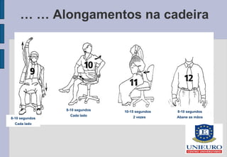 … …  Alongamentos na cadeira 8-10 segundos Cada lado 8-10 segundos Cada lado 10-15 segundos 2 vezes 8-10 segundos Abane as mãos 