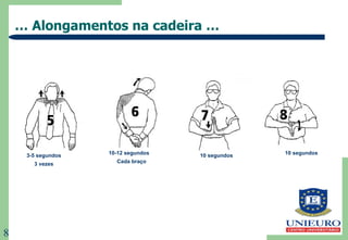 …  Alongamentos na cadeira …  3-5 segundos 3 vezes 10-12 segundos Cada braço 10 segundos 10 segundos 