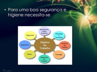 • Para uma boa segurança e
higiene necessita-se
 