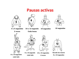 3 a 5 segundos
3 veces
10 a 12 segundos
Cada brazo
10 segundos 10 segundos
Pausas activas
8 a 10 segundos
cada lado
8 a 10 segundos
cada lado
10 a 15 segundos
2 veces
Sacuda las manos
8 a 10 segundos
 