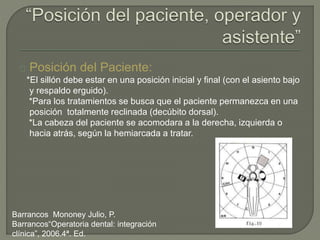 Posición del Paciente:
*El sillón debe estar en una posición inicial y final (con el asiento bajo
y respaldo erguido).
*Para los tratamientos se busca que el paciente permanezca en una
posición totalmente reclinada (decúbito dorsal).
*La cabeza del paciente se acomodara a la derecha, izquierda o
hacia atrás, según la hemiarcada a tratar.
Barrancos Mononey Julio, P.
Barrancos“Operatoria dental: integración
clínica”, 2006.4ª. Ed.
 