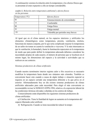 A continuación veremos la relación entre la temperatura y los efectos físicos que
se presentan al estar expuestos a ella un tiempo considerable.
cuadro ii. Relación entre temperatura ambiental y efectos físicos
en las personas
Temperatura (°C) Efectos físicos
IO Entumecimiento de extremidades
18 Confortable
M Fatiga física
30 Fatiga mental
+50 Tolerable por periodos muy breves
Al igual que en el clima natural, en los espacios interiores y artificiales los
elementos climatológicos como temperatura, presión, ventilación, etcétera,
funcionan de manera conjunta, por lo que sería complicado mejorar la temperatura
de un salón sin tomar en cuenta la ventilación o viceversa. Y lo más interesante es
que la ventilación, la humedad y hasta la iluminación repercuten en la temperatura
de modo que para poder definir la temperatura adecuada debemos considerar las
necesidades propias de cada usuario, el número de personas que se localicen en el
mismo lugar, las dimensiones del espacio y la actividad o actividades que se
realicen en ese contexto.
Sistemas productores de climas artificiales
Cuando nuestro termómetro interior registra calor o frío excesivos es necesario
modificar la temperatura hasta donde nos sintamos más cómodos. También es
conveniente hacer esto cuando a causa de algún trabajo o situación especial se
requiera en un espacio cerrado una temperatura diferente a la que priva en el
exterior. Afortunadamente hoy en día existen sistemas productores de climas
artificiales adecuados para cada necesidad. Para elegir el más conveniente es
recomendable revisar la NOM-015-STPS-1994, relativa a la exposición laboral de
las condiciones térmicas elevadas o abatidas en los centros de trabajo.
Comercialmente están disponibles los siguientes sistemas productores de
climas artificiales:
a] Calefacción. Tiene la finalidad de lograr un aumento en la temperatura del
espacio liberando calor artificial.
b] Refrigeración. Cuando se tiene necesidad de reducir la tempe-
128 • ergonomía para el diseño
 