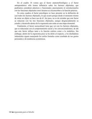 En el cuadro 14 vemos que el factor anatomofisiológico y el factor
antropométrico sólo tienen influencia sobre los factores objetuales, que
podríamos considerar prácticos y funcionales; precisamente al correlacionarlos
con las funciones objetuales estos factores se circunscriben a la función práctica.
En estos cuadros el factor psicológico se hace presente en la definición de
casi todos los factores objetuales, lo que ocurre porque desde el momento mismo
de mirar un objeto se hace uso de él. Así pues, no es de extrañar que este factor
se relacione con las tres funciones objetuales, aunque desgraciadamente su
estudio y desarrollo dentro de la ergonomía aún están en una etapa elemental.
Finalmente, el factor sociocultural tiene que ver con los factores objetuales,
que se relacionan con el comportamiento social y los convencionalismos; de ahí
que este factor influya tanto a la función estética como a la simbólica. Sin
embargo, dentro de la ergonomía poco se ha dicho al respecto, y los diseñadores
industriales siguen manejando los estilos formales como resultado de sus gustos
personales o de tendencias económicas.
166 ■ ergonomía para el diseño
 