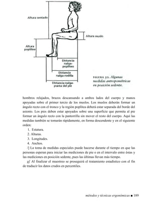 hombros relajados, brazos descansando a ambos lados del cuerpo y manos
apoyadas sobre el primer tercio de los muslos. Los muslos deberán formar un
ángulo recto con el tronco y la región poplítea deberá estar separada del borde del
asiento. Los pies deben estar apoyados sobre una superficie que permita al pie
formar un ángulo recto con la pantorrilla sin mover el resto del cuerpo. Aquí las
medidas también se tomarán rápidamente, en forma descendente y en el siguiente
orden:
1. Estatura.
2. Alturas.
3. Longitudes.
4. Anchos.
/] La toma de medidas especiales puede hacerse durante el tiempo en que las
personas esperan para iniciar las mediciones de pie o en el intervalo entre éstas y
las mediciones en posición sedente, pues las últimas llevan más tiempo.
g] Al finalizar el muestreo se proseguirá el tratamiento estadístico con el fin
de traducir los datos crudos en percentiles.
métodos y técnicas ergonómicas ■ 189
 