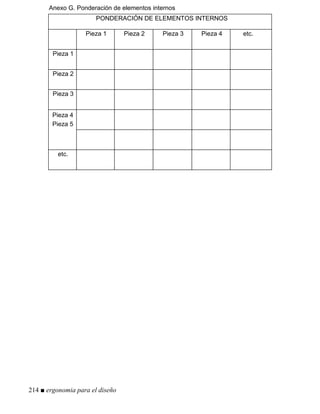 Anexo G. Ponderación de elementos internos
PONDERACIÓN DE ELEMENTOS INTERNOS
Pieza 1 Pieza 2 Pieza 3 Pieza 4 etc.
Pieza 1
Pieza 2
Pieza 3
Pieza 4
Pieza 5
etc.
214 ■ ergonomia para el diseño
 