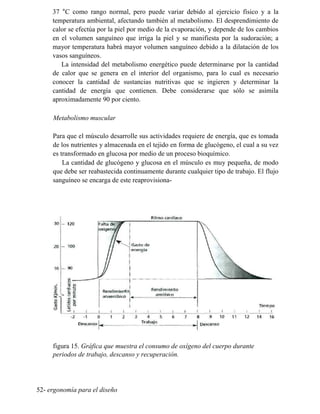 37 °C como rango normal, pero puede variar debido al ejercicio físico y a la
temperatura ambiental, afectando también al metabolismo. El desprendimiento de
calor se efectúa por la piel por medio de la evaporación, y depende de los cambios
en el volumen sanguíneo que irriga la piel y se manifiesta por la sudoración; a
mayor temperatura habrá mayor volumen sanguíneo debido a la dilatación de los
vasos sanguíneos.
La intensidad del metabolismo energético puede determinarse por la cantidad
de calor que se genera en el interior del organismo, para lo cual es necesario
conocer la cantidad de sustancias nutritivas que se ingieren y determinar la
cantidad de energía que contienen. Debe considerarse que sólo se asimila
aproximadamente 90 por ciento.
Metabolismo muscular
Para que el músculo desarrolle sus actividades requiere de energía, que es tomada
de los nutrientes y almacenada en el tejido en forma de glucógeno, el cual a su vez
es transformado en glucosa por medio de un proceso bioquímico.
La cantidad de glucógeno y glucosa en el músculo es muy pequeña, de modo
que debe ser reabastecida continuamente durante cualquier tipo de trabajo. El flujo
sanguíneo se encarga de este reaprovisiona-
figura 15. Gráfica que muestra el consumo de oxígeno del cuerpo durante
periodos de trabajo, descanso y recuperación.
52- ergonomía para el diseño
 