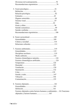 Divisiones de la antropometría...........................................70
Recomendaciones ergonómicas ..........................................76
5. Factor psicológico............................................................81
Definición.......................................................................8 [
Relación psicológica.........................................................82
Estímulos .......................................................................83
Órganos sensoriales..........................................................84
Sistema visual..................................................................87
Oído..............................................................................93
Gusto y olfato................................................................. 96
Sentido somestésico..........................................................99
Sentido vestibular...........................................................105
Recomendaciones ergonómicas.........................................106
6. Factor sociocultural........................................................109
Generalidades................................................................109
Cultura y sociedad .........................................................110
Relaciones culturales ......................................................111
7. Factores ambientales.......................................................119
Generalidades................................................................119
Disciplinas auxiliares......................................................119
Medio ambiente.............................................................122
Factores climatológicos naturales......................................124
Factores climatológicos artificiales....................................124
Temperatura .................................................................126
Humedad .....................................................................129
Ventilación ...................................................................130
Iluminación...................................................................132
Color...........................................................................139
Sonido y ruido...............................................................147
Vibración .....................................................................150
Contaminación..............................................................155
8. Factores objetuales..........................................................161
Generalidades................................................................161
Definición.....................................................................161
Factores objetuales contra factores humanos y ambientales ... 161 Funciones
objetuales y factores humanos............................165
8 ■ índice
 
