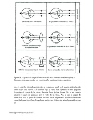 figura 30. Algunos de los problemas visuales más comunes son la miopía y la
hipermetropía, que pueden ser compensados mediante lentes especiales.
pío, el amarillo estimula conos rojos y verdes por igual, y el naranja estimula más
conos rojos que verdes. Los colores rojo y verde son captados en una pequeña
depresión al centro de la retina, llamada fóvea (véase figura 28), y los colores
amarillo y azul son captados por el resto de la retina. Así, el ojo es capaz de
identificar toda la gama de colores. Pero no todas las personas poseemos la misma
capacidad para identificar los colores; existe una disfunción visual conocida como
ce-
90 ■ ergonomía para el diseño
 