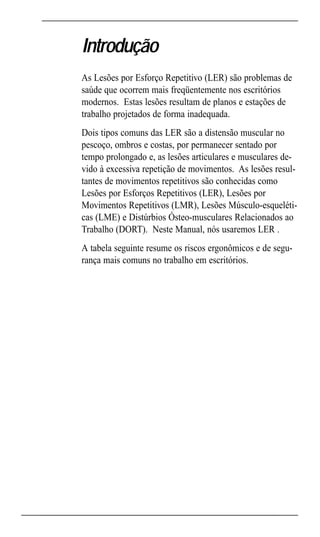 Ergonomic INTRO Port    4/22/02 3:17 PM Page 7




               Introdução
               As Lesões por Esforço Repetitivo (LER) são problemas de
               saúde que ocorrem mais freqüentemente nos escritórios
               modernos. Estas lesões resultam de planos e estações de
               trabalho projetados de forma inadequada.
               Dois tipos comuns das LER são a distensão muscular no
               pescoço, ombros e costas, por permanecer sentado por
               tempo prolongado e, as lesões articulares e musculares de-
               vido à excessiva repetição de movimentos. As lesões resul-
               tantes de movimentos repetitivos são conhecidas como
               Lesões por Esforços Repetitivos (LER), Lesões por
               Movimentos Repetitivos (LMR), Lesões Músculo-esqueléti-
               cas (LME) e Distúrbios Ósteo-musculares Relacionados ao
               Trabalho (DORT). Neste Manual, nós usaremos LER .
               A tabela seguinte resume os riscos ergonômicos e de segu-
               rança mais comuns no trabalho em escritórios.
 