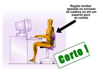 Certo ! Região lombar  apoiada no encosto da cadeira ou em um suporte para  as costas 